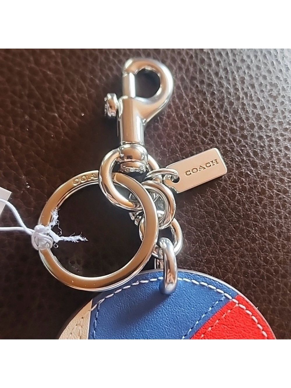 Coach Round Leather Beachball Keychain Bag Charm in Red, Blue & Cream NWT - Picture 5 of 7